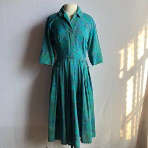 1950s Turquoise Paisley Shirtwaist Dress As Is